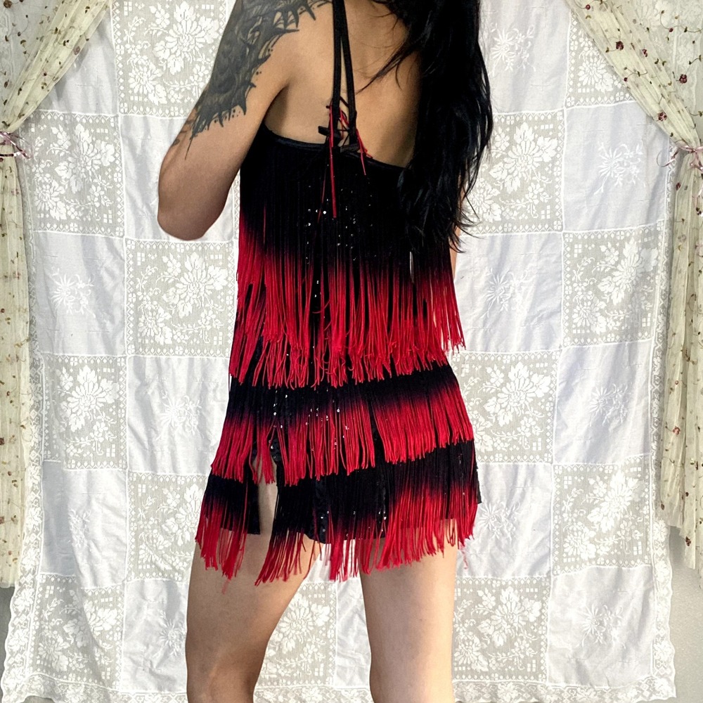 Red Black Ombre Fringe Flapper Dress Sequin Halter Gatsby Latin Dance Sz S/M - Picture 2 of 15